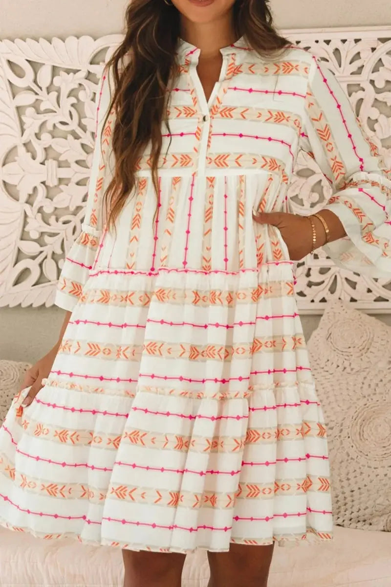 Printed Ruffled Notched Loose Dress for Effortless Style - Love Salve
